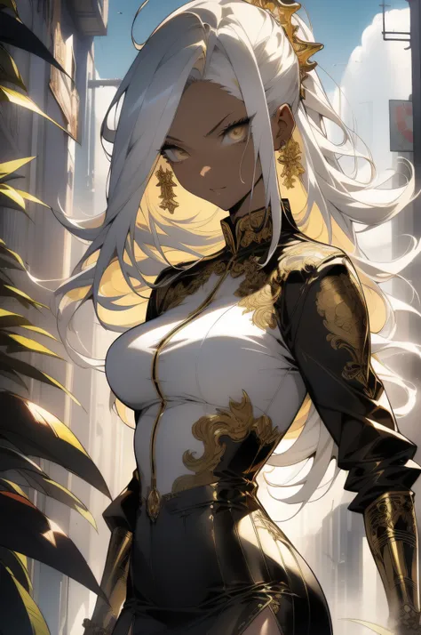 (looking at pov) highly detailed face, realistic face, golden katana, (oversized clothes:1.2), miniskirt,  (dark coat with ornate golden embroidery, golden embellished), (white hair, golden streaks on hair), yellow eyes, thigh strap, (neo city), (clouds), ...