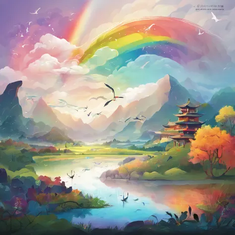 （（A rainbow appears in the sky after it rains）），baiyun, After the rain, Calm lake, Inverted image, Tree contours, Birds fly, freshen, Magical, Beautiful natural scenery