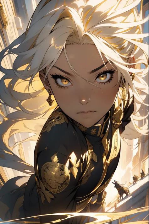 (looking at pov) highly detailed face, realistic face, golden katana, (oversized clothes:1.2), miniskirt,  (dark coat with ornate golden embroidery, golden embellished), (white hair, golden streaks on hair), yellow eyes, thigh strap, (neo city), (clouds), ...