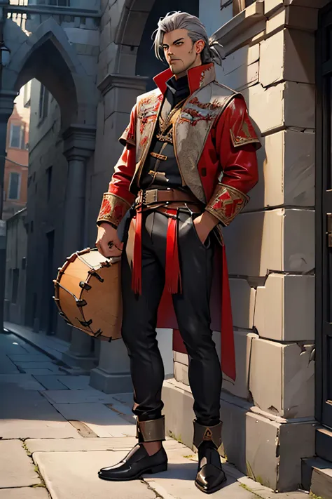 tan skin, human man, bard, fantasy, drum in hand, gigachad, grey hair, black and red leather, full body