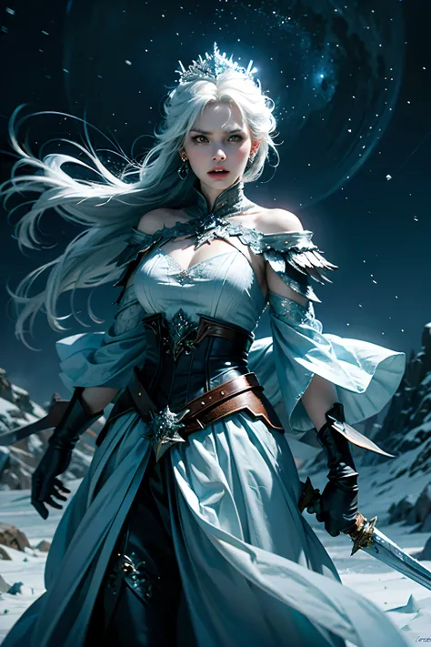 A woman who is an angry snow-queen, brandishing a frozen sword, snarling, background is eerie night sky, snowing, mood is repressed, fatalistic, nebulous, oblivious, character design.