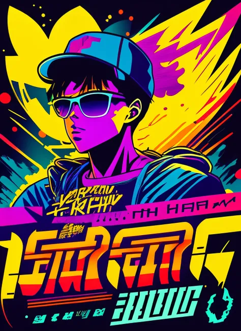 Anime illustration, graffiti style, bright colors, on a black background, t-shirt design