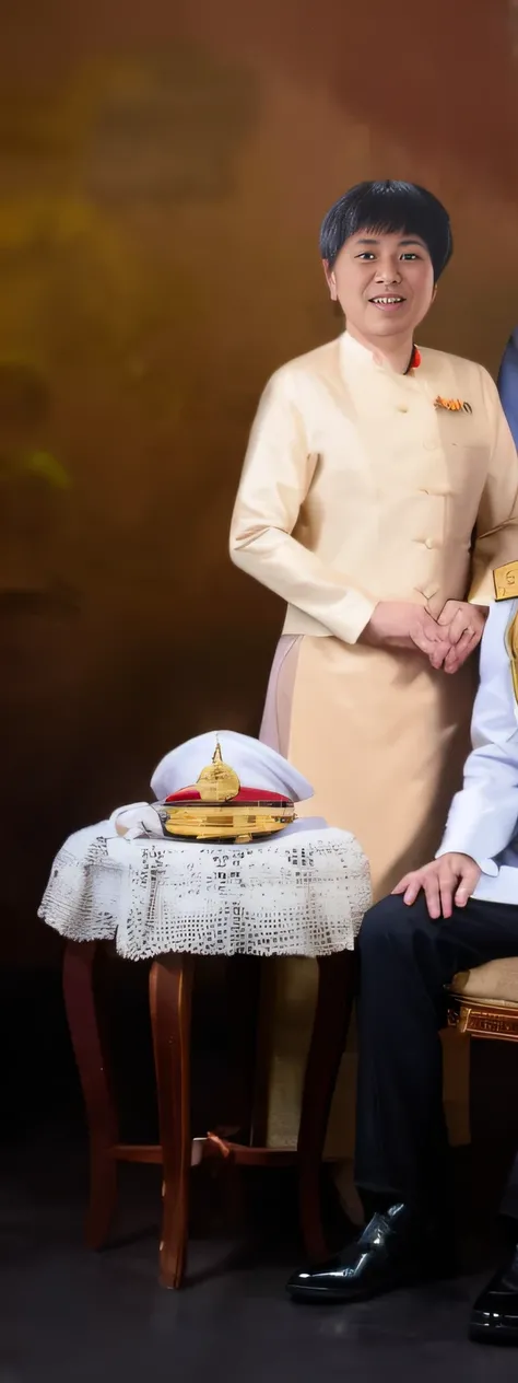 they are posing for a picture in uniform and a chef, ceremonial portrait, royal attire, royal portrait, closeup portrait shot, wearing a royal robe, sukhothai costume, crown and gown, backdrop, dressed in shako, portrait shot, royal photography, couple, we...