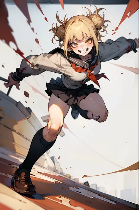 masterpiece, top-quality, best quality, ultra detailed, solo, A detailed face, Himiko Toga, School uniform, blonde  hair, Show your teeth and grin, blood on face, blood on clothes, dynamic pose, dynamic angle, full body