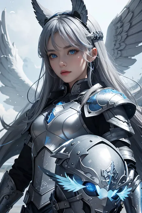 Guardian on heaven,blue eye,grey hair,grey wing,white and blue armor