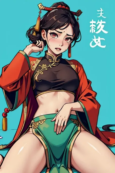 ancient Chinese costume，Beutiful women，Crop topping，constricted pupil，with her mouth open，streaming tears，Cover your stomach with your hands