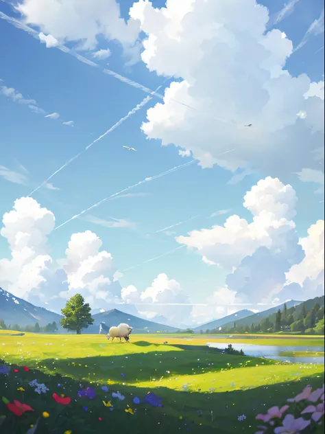 Summer, meadows, few small flowers, clear lakes, sheep, heaven, large clouds, blue sky, hot weather, HD detail, wet watermark, hyper-detail, cinematic, surrealism, soft light, deep field focus bokeh, distant view is snowy mountains, ray tracing, and surrea...