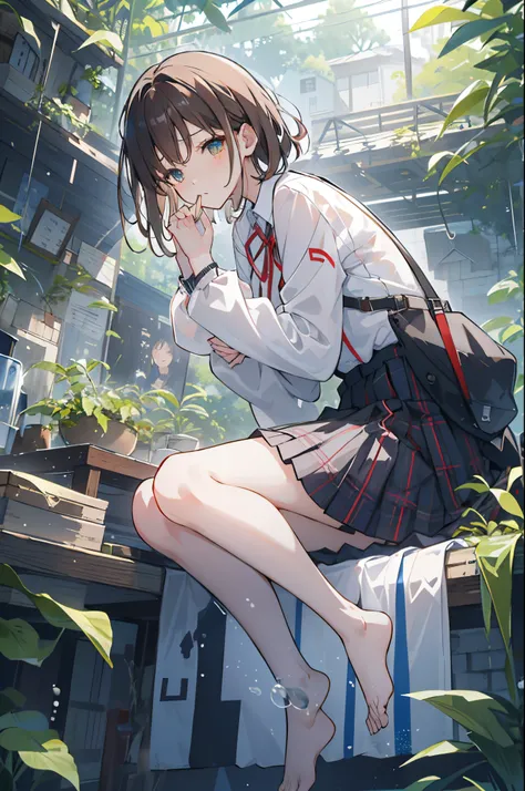 1girll， waterface， 独奏， brown  hair， Lie down，a skirt， Lie underwater，inhale，exhale，heav breathing，generate bubbles，exteriors，a plant， long whitr hair， Sky reflection， The shirt， jaket， halter， white  shirt， Eau， tiese， eye closeds， plaid skirts， pleatedski...