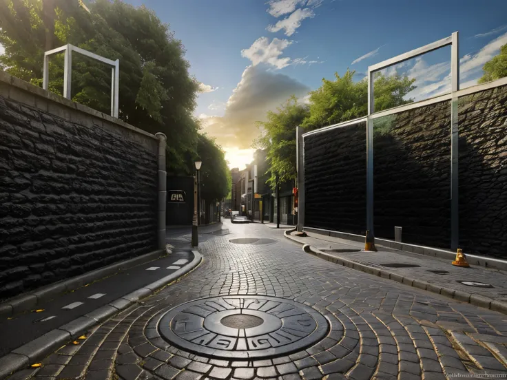 Bright sky，Street after rain，Neat stone paving，Manhole covers，1-point perspective, fashion store，a plant，The Car