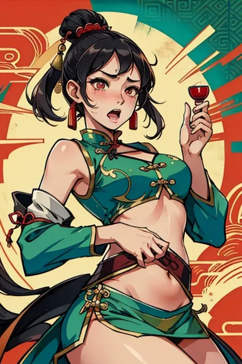 ancient Chinese costume，Beutiful women，Crop topping，constricted pupil，with her mouth open，streaming tears，Cover your stomach with your hands，potbelly