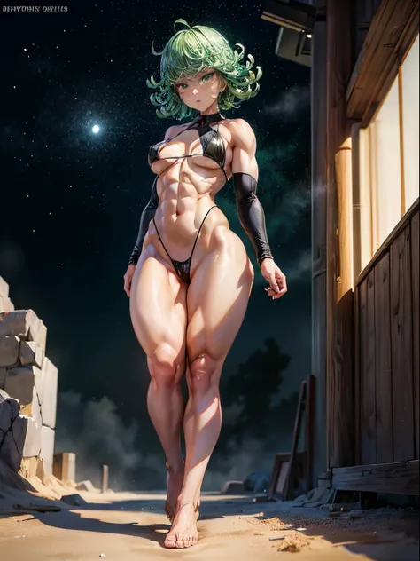 (((1 girl))), (Tatsumaki of a punch man), (short green hair), (green eyes), small chest, (((wearing bikini))), full body view, (Standing on beach at night with starry sky and full moon), (((muscular lean legs))), thin waist, belly muscles, big ass, (((full...