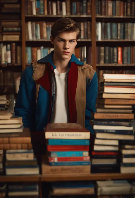 A photo of Nathan at a vintage book store, angrily flipping through a stack of books,Life is Strange video game series,Nathan is a teenage boy with blue eyes, slicked back light brown hair, light freckles, wears a red letterman jacket, mean expression