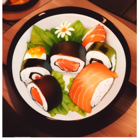 {Sushi in a basket}, cartoon, flower, game icon (masterpiece)