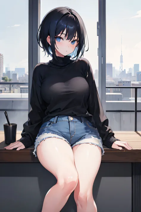 1girl, short black hair, blue eyes, wearing virgin killer sweater, denim shorts, city, absurdres, high res, ultrasharp, 8K, masterpiece, looking at viewer