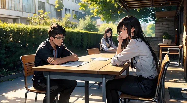 Male and female students are sitting and talking..., Do your homework..., Making a report. sitting around the table. The environment around the garden is shady and slippery... People can see clearly., 1 man and 2 women. The face has clear details...