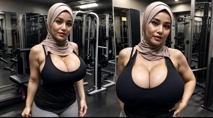 45 yo women, wearing hijab, transparent tank top, fat, thick, curvy, at gym