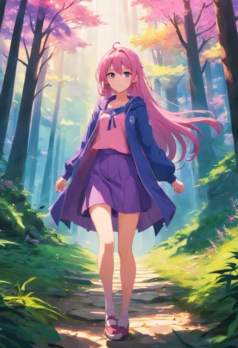 purpleeyes，Pink Long Hair，magia，the dark forest，Green clothes，The legs look good, ultra real photo, Evil Castle，hair adornments，Pointy-eared