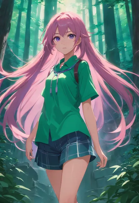 purpleeyes，Pink Long Hair，magia，the dark forest，Green clothes，The legs look good, ultra real photo, Evil Castle，hair adornments，Pointy-eared