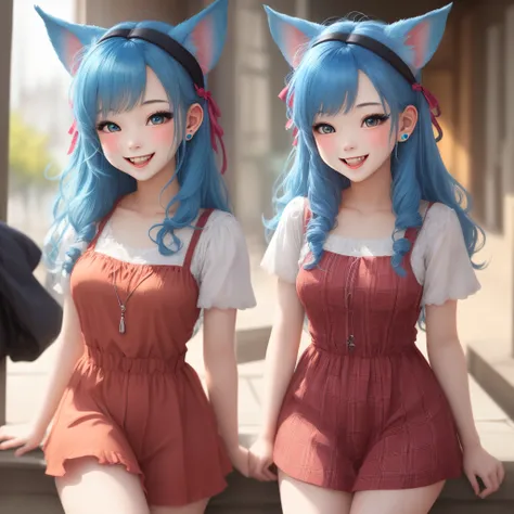 A cheerful girl with blue hair and ears