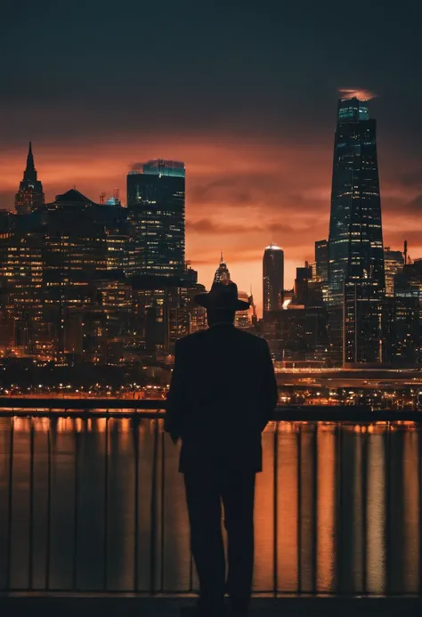 A photo of a stunning city skyline at dusk,original,Overweight, wears fedora, neck beard, bad skin, bloodshot eyes, bad hygiene, greasy hair