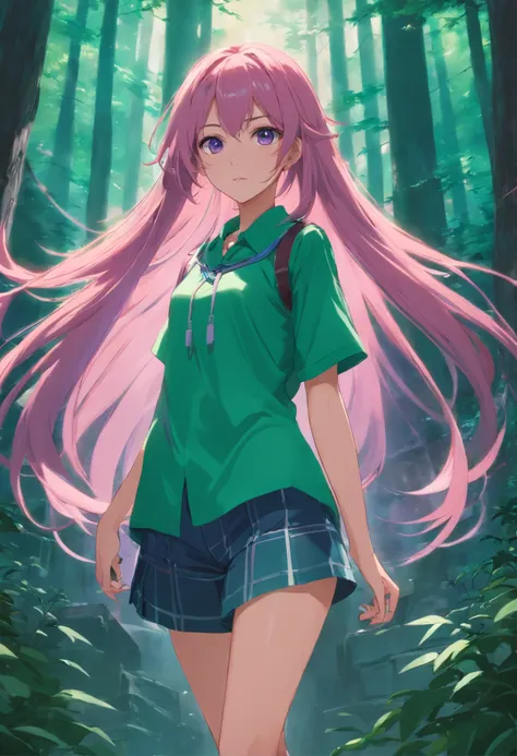 purpleeyes，Pink Long Hair，magia，the dark forest，Green clothes，The legs look good, ultra real photo, Evil Castle，hair adornments，Pointy-eared