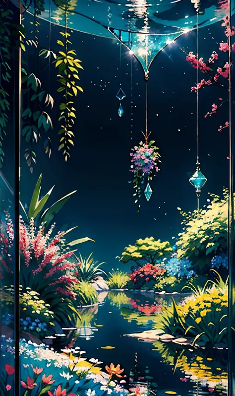 Wallpaper, fantasy hanging garden, blue sky, floating flower sea, colorful flowers. Crystal fountain, HD detail, hyper-detail, cinematic, surrealism, soft light, deep field focus bokeh, ray tracing, diffuse (ultra-fine glass reflections), and hyperrealism....