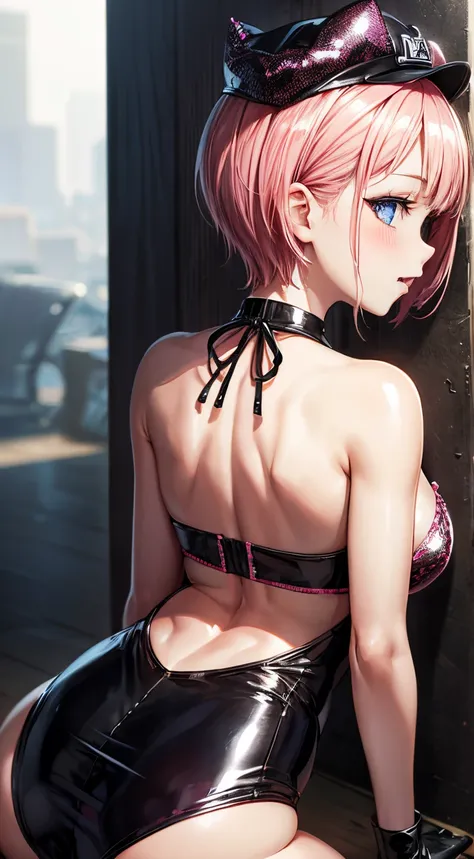 realisitic、top-quality、1girl in 、hi-school girl、Cap Pink Hair ,Short hair,Saliva、Heart shaped pupils, Back sex ,Pink Sequin Bikini , Black PVC gloves 、all-fours