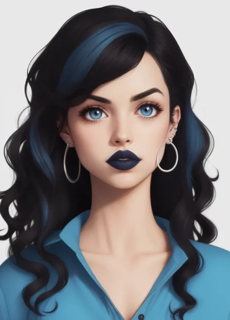 in the boondocks style, a white girl with short, wavy, black hair that has a big streak of dark blue in the front. the girl has brown eyes and a septum piercing, an eyebrow piercing, and two nostril piercings