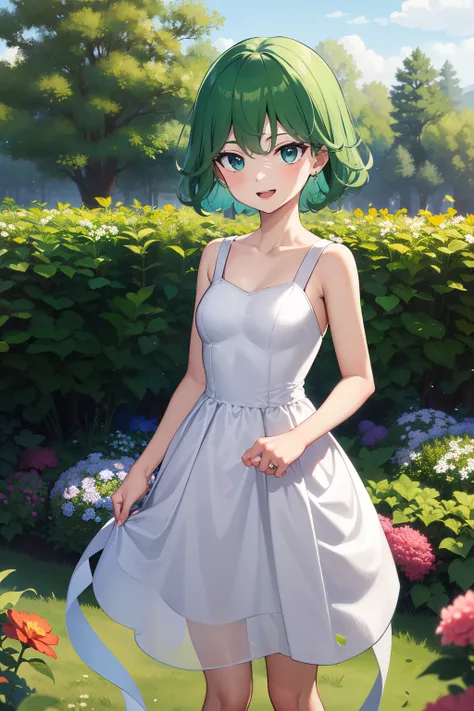 masterpiece, best quality, highres, aarurutie,1girl, wedding dress, white dress, standing, garden, smile, open mouth,  tatsumakitornado, short green hair, curly hair, ,