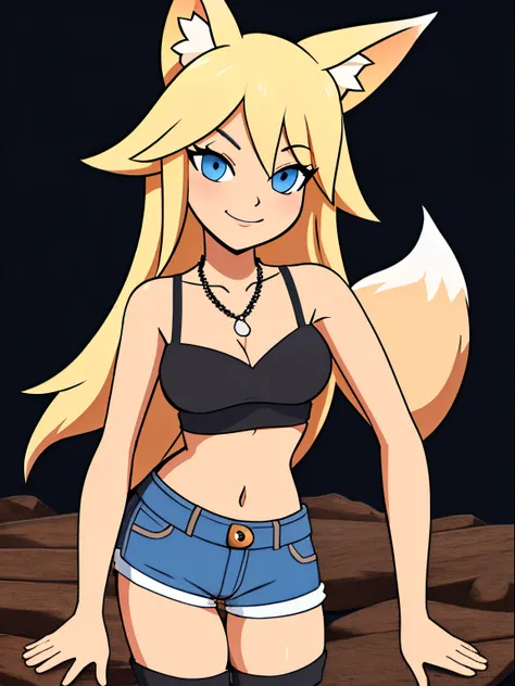 Blonde hair, blue eyes, 1girl, medium breasts, jewelry, long hair, necklace, solo, hair ornament, cleavage, sidelocks, bare shoulders, cloudy night, (dirty blond Fox ears:1.25), (dirty blond Fox tail:1.2), revealing clothes, crop top armor, short shorts ar...