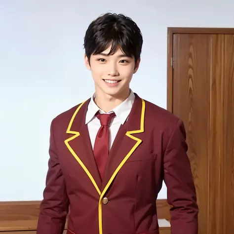 Boy, student, red uniform, smiling