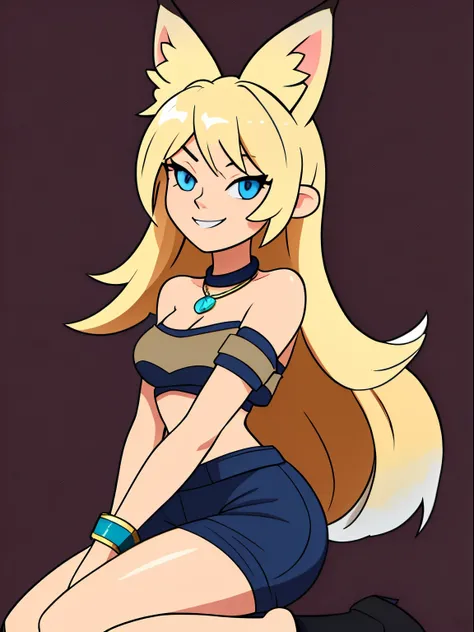 Blonde hair, blue eyes, 1girl, medium breasts, jewelry, long hair, necklace, solo, hair ornament, cleavage, sidelocks, bare shoulders, cloudy night, (dirty blond Fox ears:1.25), revealing clothes, crop top armor, short shorts armor, hair clip, looking at v...