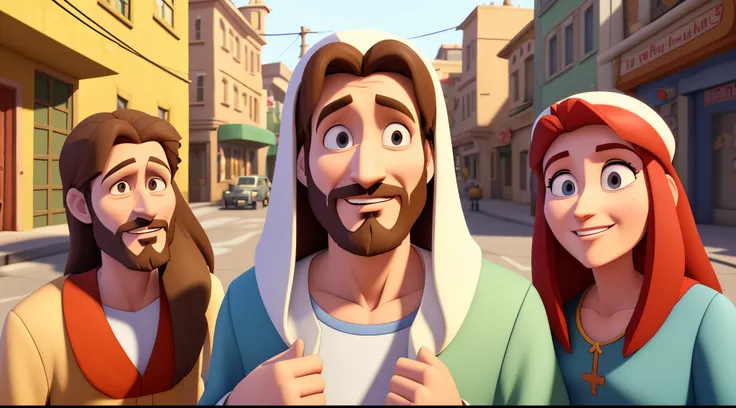 three cartoon characters of jesus and mary in a street, nicodemus, 3 d animated movie, animated film, animated movie, animated still, animation film, he is greeting you warmly, animated film still, cgi animated, rendered art, animated movie scene, 3d anima...