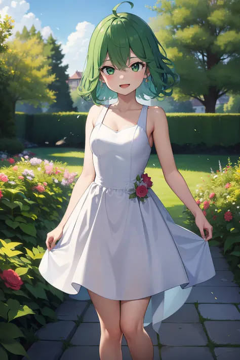 masterpiece, best quality, highres, aarurutie,1girl, wedding dress, white dress, standing, garden, smile, open mouth,  tatsumakitornado, short green hair, curly hair, ,