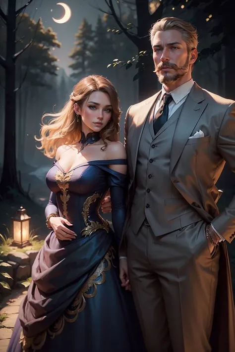 ((A couple in love)), ((woman with brown hair wearing a blue gown)), standing with ((a masculine man with short blonde hair and a full blonde beard with mustache, in a grey suit)) hair with many details, 8k artgerm bokeh, fanart best artstation, render pho...