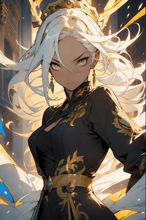 (looking at pov) highly detailed face, realistic face, falling toward pov, (oversized clothes:1.2), miniskirt,  (dark coat with ornate golden embroidery, golden embellished), (white hair, golden streaks on hair), yellow eyes, thigh strap, (neo city), (clou...