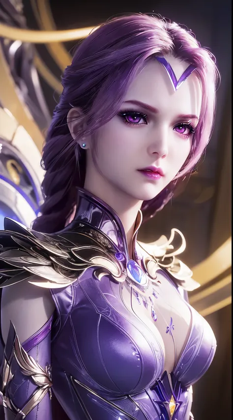 1 sexy goddess wearing sexy purple armor, there are many complex and delicate patterns on the armor, thin armor, deep slit shirt...