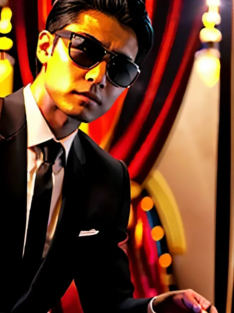 Best Quality、profetional lighting、Top image quality、​masterpiece、Live-action depiction、The background is of the best quality、male people、wears a suit、Dark Bar、Wearing black sunglasses、Black tie、Hairstyle is 2 blocks、A dark-haired、Neutral facial features、ja...