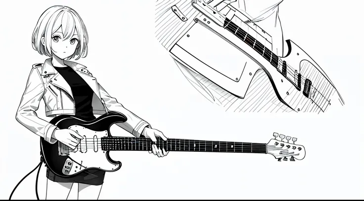 ​masterpiece, 1girl in, 独奏, bustup, line-drawing, White background, monochromes, line-drawing, ((Sketched)),short-cut, Leather jacket, a miniskirt, Playing a detailed electric guitar,