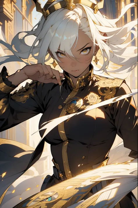 (looking at pov) highly detailed face, realistic face, (oversized clothes:1.2), miniskirt,  (dark coat with ornate golden embroidery, golden embellished), (white hair, golden streaks on hair), yellow eyes, thigh strap, (neo city), (clouds), add_detail:1, h...