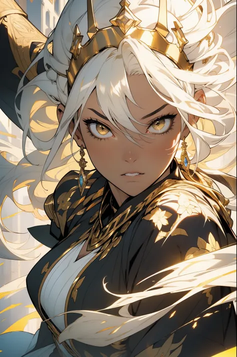 (looking at pov) highly detailed face, realistic face, (oversized clothes:1.2), miniskirt,  (dark coat with ornate golden embroidery, golden embellished), (white hair, golden streaks on hair), yellow eyes, thigh strap, (neo city), (clouds), add_detail:1, h...