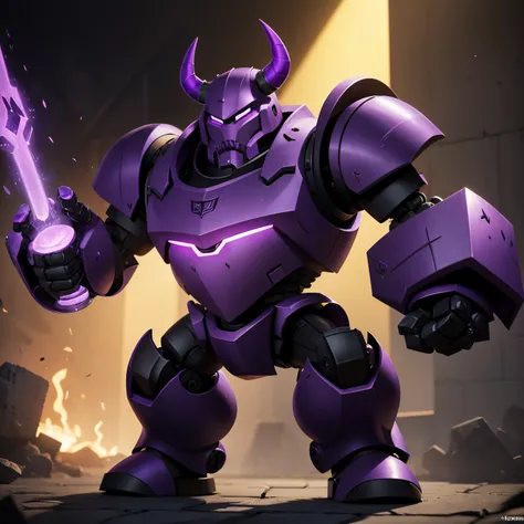 The P.E.K.K.A from clash royal. This is a robot that has a purple hue around it with purple horns and with black Armor