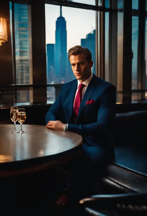 A photo of Finance Bro sitting at a VIP table in an exclusive club with a view of the Manhattan skyline in the background,original,30 years old, masculine, near comb over hair, wears a navy suit with a tie, walks around New York City