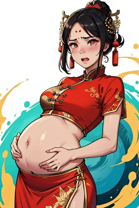 ancient Chinese costume，Beutiful women，Crop topping，constricted pupil，with her mouth open，streaming tears，Cover your stomach with your hands，pregnant belly