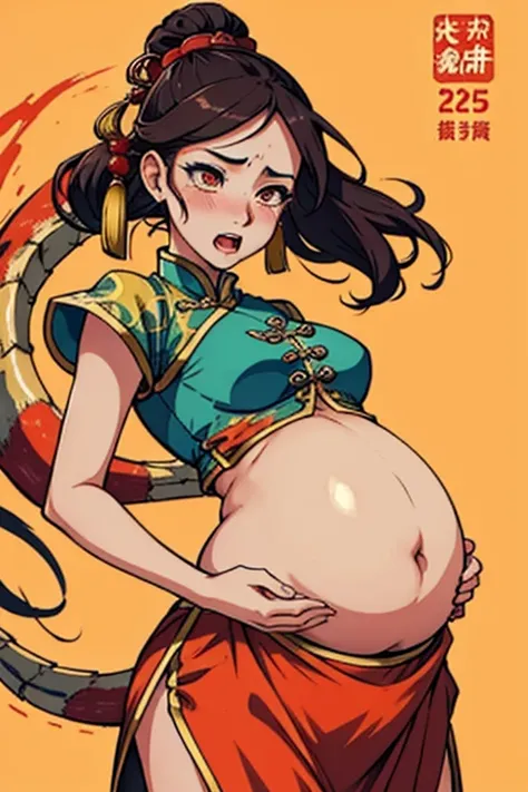 ancient Chinese costume，Beutiful women，Crop topping，constricted pupil，with her mouth open，streaming tears，Cover your stomach with your hands，Pregnant tummy