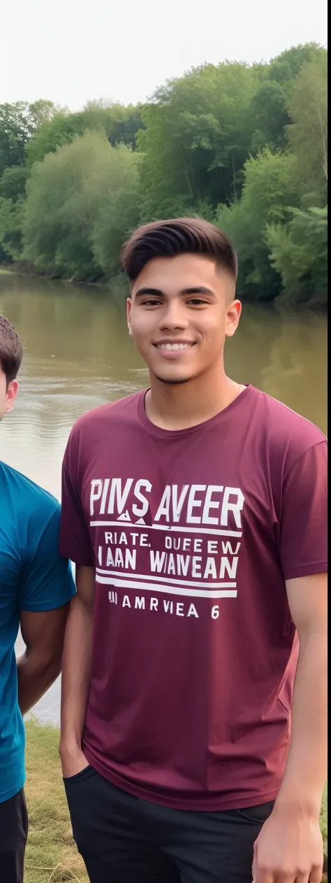 three men standing next to each other near a river, around 1 9 years old, river in front of him, very very low quality picture, full body photogenic shot, candid picture, distant full body shot, wearing a t-shirt, with a figure in the background, river in ...