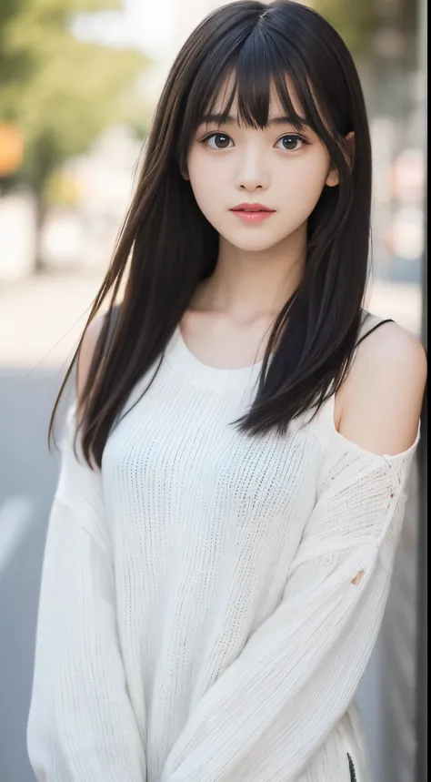 masutepiece, Best Quality, 8K, 17 age, Teen, Raw photo, Solo, Idol face, Delicate girl, Long black hair、Aligned bangs、Upper body, Digital SLR,  Sophisticated, zora々Right, Thin arms, Professional Lighting,  chromatic abberation, (Eyes and faces with detaile...