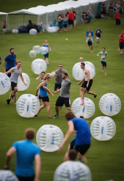 A dynamic shot of Greg leading a group of people in a game of bubble soccer in a grassy field,original,greg is 6 foot, white, short curly brown hair, round glasses, slightly narrow face. 7/10 handsome. Well put together.