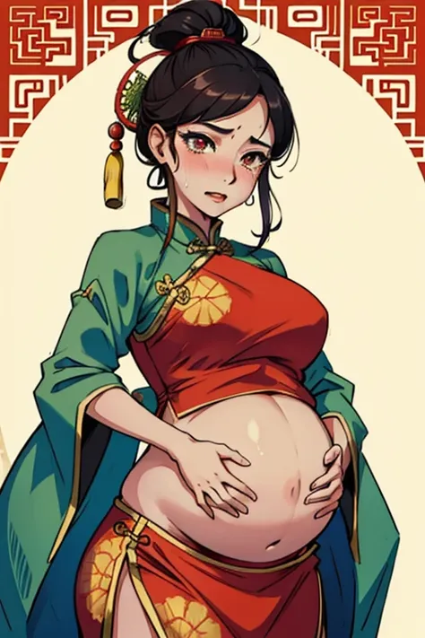 ancient Chinese costume，Beutiful women，Crop topping，constricted pupil，with her mouth open，streaming tears，Cover your stomach with your hands，Pregnant belly