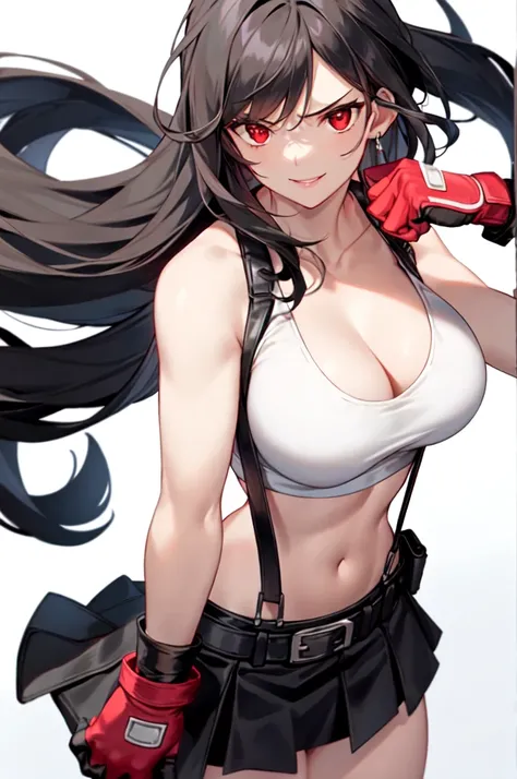 tifa lockhart, final fantasy vii, 1girl, bangs, bare shoulders, belt, black belt, black gloves, black hair, black skirt, breasts, cleavage, clenched hands, closed mouth, collarbone, cowboy shot, crop top, earrings, elbow gloves, fingerless gloves, floating...